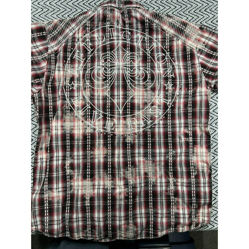 Affliction Men's XL Red/Black Plaid Button-Up Shirt Embroidered Design Studs - Picture 5 of 5
